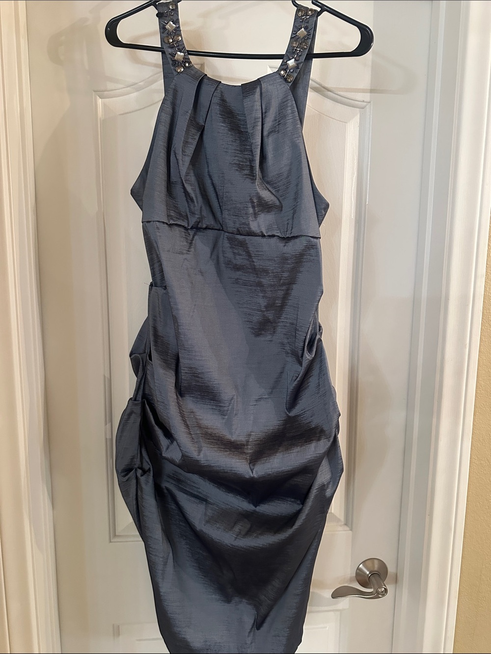 Sleeveless Beaded Halter Cocktail Dress in Gray